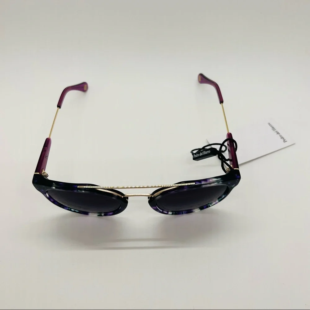 NWT Pedro del Hierro Round Sunglasses w/ Case and Dust Cloth. Purple and Gold.